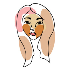 Line art abstract portrait of asian girl in cubism contemporary modern style with color block shapes. Hand drawn vector illustration for poster, print, car. Isolated on white background.