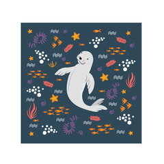 Swimming Fur seal, sea bear, monk seal, exotic fish and sea star. Underwater habitat with sea plants. Marine underwater lifestyle. Flat vector drawn illustration, isolated objects.