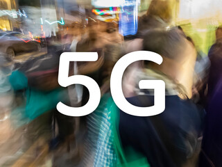 5G concept. 5th Generation network wireless internet Wi-fi connection technology. White letters on a background with blurred people and a blurred street
