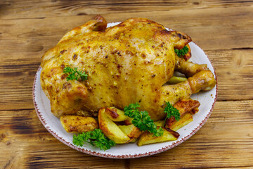 Baked whole chicken with potato on a wooden table