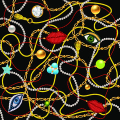 3d vector illustration with cords, jewelry, chains, beadworks and crystals. Seamless vector illustration. 