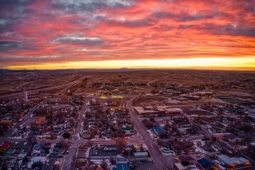 Aerial View of a Winter Sunrise above Moorcroft, Wyoming off Interstate 90