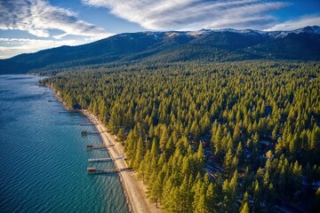 Aerial View of the Vacation Community of Incline Village on Lake Tahoe in Winter - obrazy, fototapety, plakaty