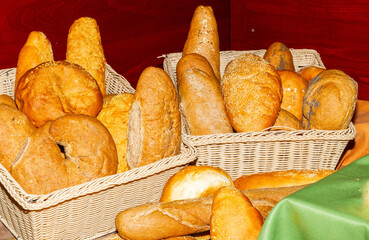 Variety of fresh bread in baskets