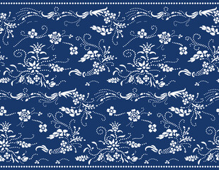 Katazome floral seamless border. Traditional Japanese technique using a katagami stencil. Oriental ornamental pattern. Shibori&nbsp;arranged in small dots to form a flower branch border design.