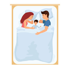 Sleeping family man and woman lie on the bed top view composition with parents and little son.