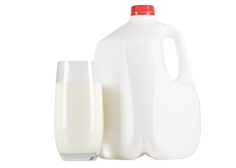 Milk. Glass of milk and one gallon of whole milk. Organic milk product. White plastic bottle one...