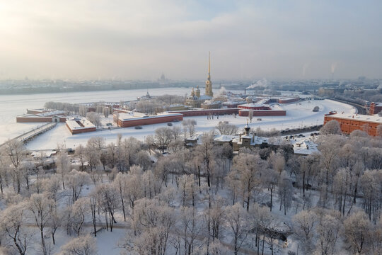 Aerial View Of Peter And Pavel's Fortress In Winter With Hoarfrost On The Trees, The Main Destination Of Petersburg