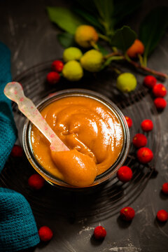 Jam of red berries of arbutus