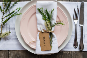 table decor for thanksgiving, with "thanks" tag