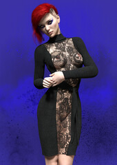 Fototapeta na wymiar A 3d digital render of a woman in a sweater dress with transparent lace front. 