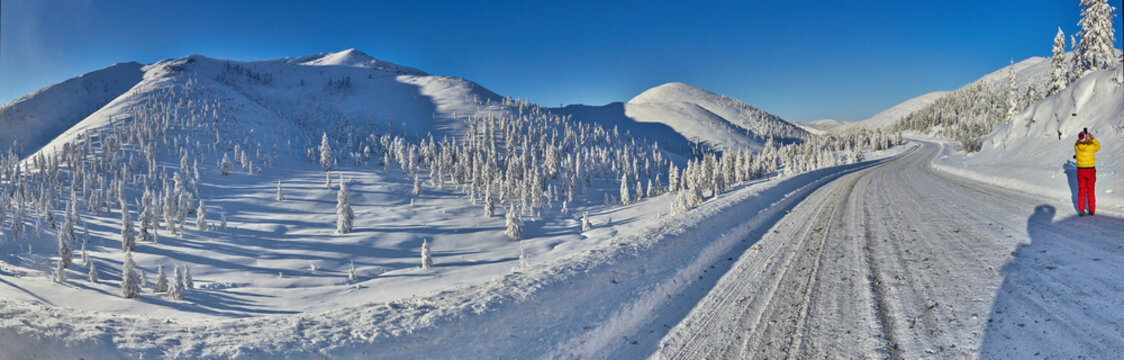 Winter road leading to the pass, surrounded by mountains with snow-covered larch trees. Frost. Winter. Kolyma-Indigirka pass. Magadan Region. Panorama