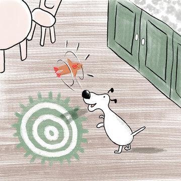 Little White Dog In The Kitchen, Cartoon Illustration, Green Round Carpet On The Floor