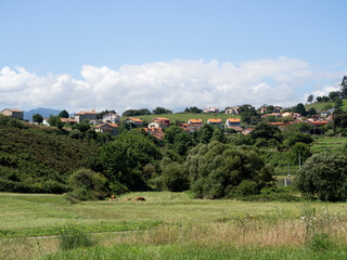 Obraz premium Paisaje de naturaleza en España, con casas de tejados rojos, campo verde con árboles y un cielo azul con nubes blancas al fondo en Cantabria, verano de 2020