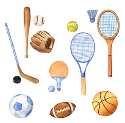 Sports equipment set: rugby, tennis, badminton, hockey, basketball, soccer and baseball. Watercolor illustration on a white isolated background.  © FlowersForBear