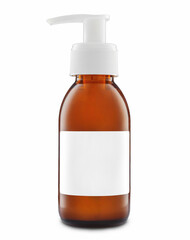 Amber glass bottle for cosmetics with blank white label. Mock-up.