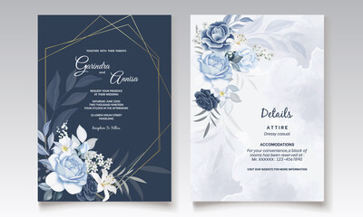  Elegant wedding invitation card with navy blue  floral and leaves template Premium Vector