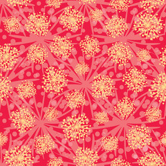 Yellow dandelions seamless vector pattern on pink and red. Botanical surface print design for fabrics, stationery, scrapbook paper, gift wrap, backgrounds, home decor, textiles, and packaging.