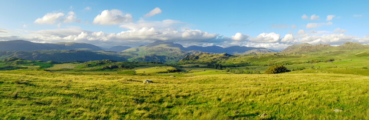 Fototapeta na wymiar field of grass and mountains in Lake district panorama