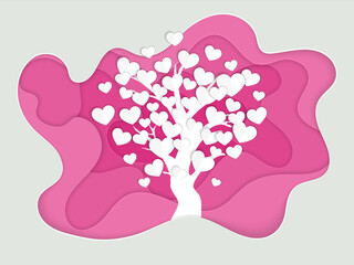 Valentines day or wedding design. Love tree with many hearts. Paper art style.