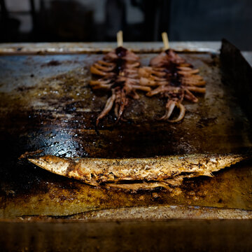 close-up of Saury and squid barbecue