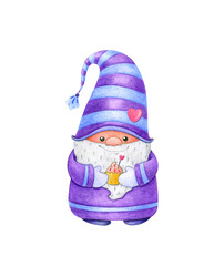 A funny Scandinavian gnome in a purple suit holds a cake in his hands. Watercolor drawing on a white background.