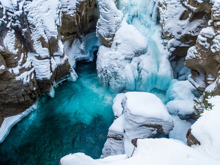 Beautiful view of the frozen Athabasca Falls in winter, Canada