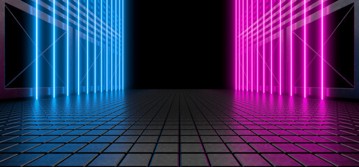 Sci Fy neon lamps in a dark tunnel. Reflections on the floor and walls. 3d rendering image.