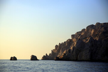 Selective focus on the rocks on the blue Mediterranean sea, Parc National des Calanques, Marseille, France