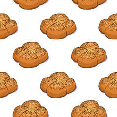 Illustration seamless pattern. Buns with poppy seeds diagonally. Isolated objects on a white background. Simple cute sketch doodle style.