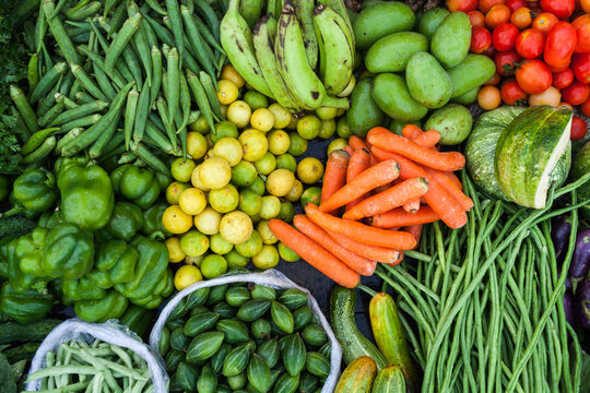 Vegetables for sale in a street market in South Asia.