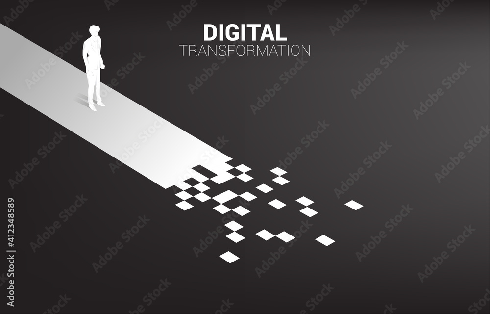 Poster Silhouette of businessman standing on the way with pixel. concept of digital transformation of business.