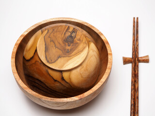 A set of Japanese style traditional wooden tableware, shoot on white isolated background