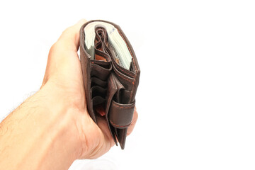 Dollars money in your wallet and hands on a white background