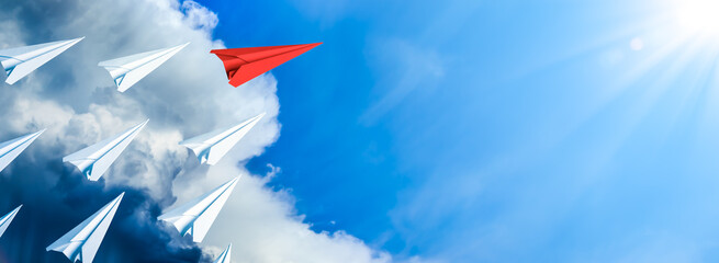 Red Paper Airplane Leading Fleet Of Small White Planes Away From Approaching Storm Toward Blue Sky...