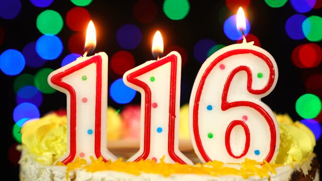 Number 116 Happy Birthday Cake With Burning Candles Topper.