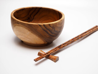 A set of Japanese style traditional wooden tableware, shoot on white isolated background