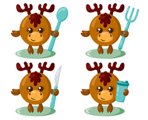 Set of funny cute kawaii moose or deer with round body, spoon, fork, knife and cup in flat design with shadows. Isolated animal vector illustration with cutlery	