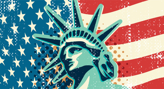 Statue of Liberty vintage banner. New York landmark and symbol of Freedom and Democracy.