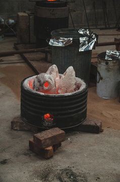 Glowing ceramic shells ready for bronze casting