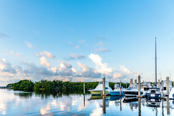 Boats docked in the marina on a beautiful calm day at Matheson Hammock Marina in Miami.