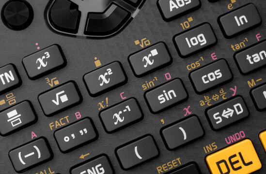 Math or maths formula, trigonometric calculations and  mathematical models backgrounds concept with close up on scientific calculator keypad buttons