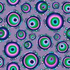 Geometric seamless pattern,texture with perfectly contacting nested circles with different size colors.Repeating pattern with circles filled with dots.For textile,wrapping paper,banner.Pink on lilac