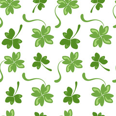 Simple shamrock and clover pattern with highlights. Spring green seamless pattern for St. Patrick's Day. Flat background, texture, wallpaper, wrapping paper, fabric, holiday print, hand-drawn texture.