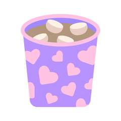 Mug with cocoa and marshmallows. Cute cozy purple cup with pink hearts with hot warm cocoa, simple romantic vector flat illustration, icon. Stock vector illustration isolated on white background.