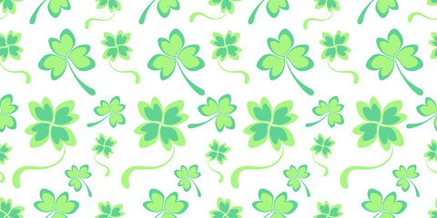 Light green seamless pattern with double shamrock leaves and clover hearts. Spring green background for St. Patrick's Day. Holiday background, wallpaper, wrapping paper, fabric, hand drawn texture