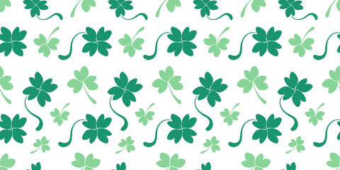 Spring green seamless background for St. Patrick's Day. Mint simple shamrock and clover pattern. Flat wallpaper, wrapping paper, fabric, textile, holiday print for different textures and surface