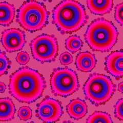 Geometric seamless pattern,texture with perfectly contacting nested circles with different size colors.Repeating pattern with circles filled with dots.For textile,wrapping paper,banner.Azure on pink