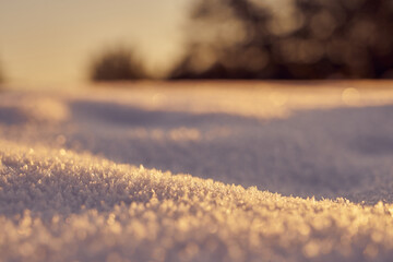 Snow in the foreground on a frosty winter evening at sunset as a backdrop and blurred forest on the background.