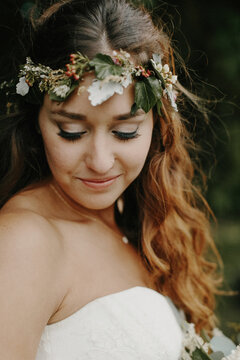Bride in a Flower Crown Looking Down